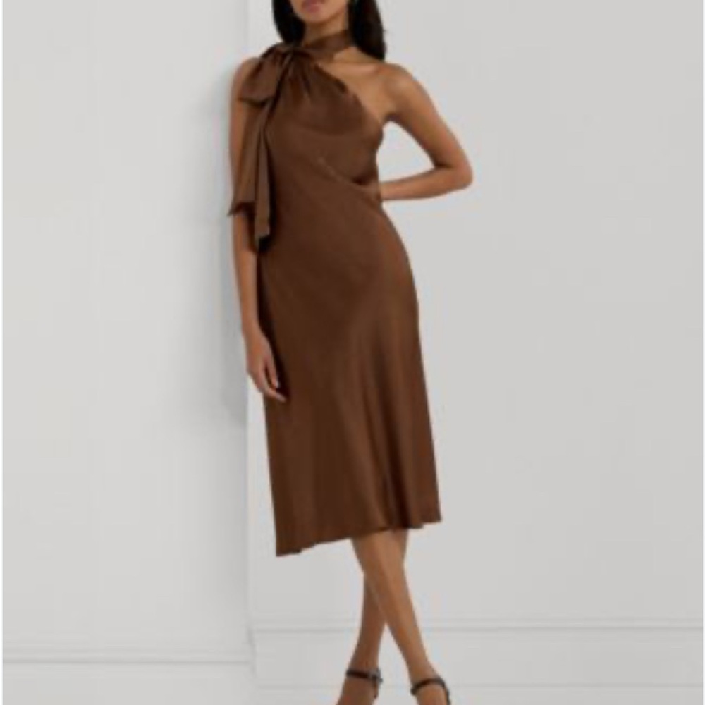 Polo by Ralph Lauren Brown Asymmetrical Tie Front Cocktail Dress